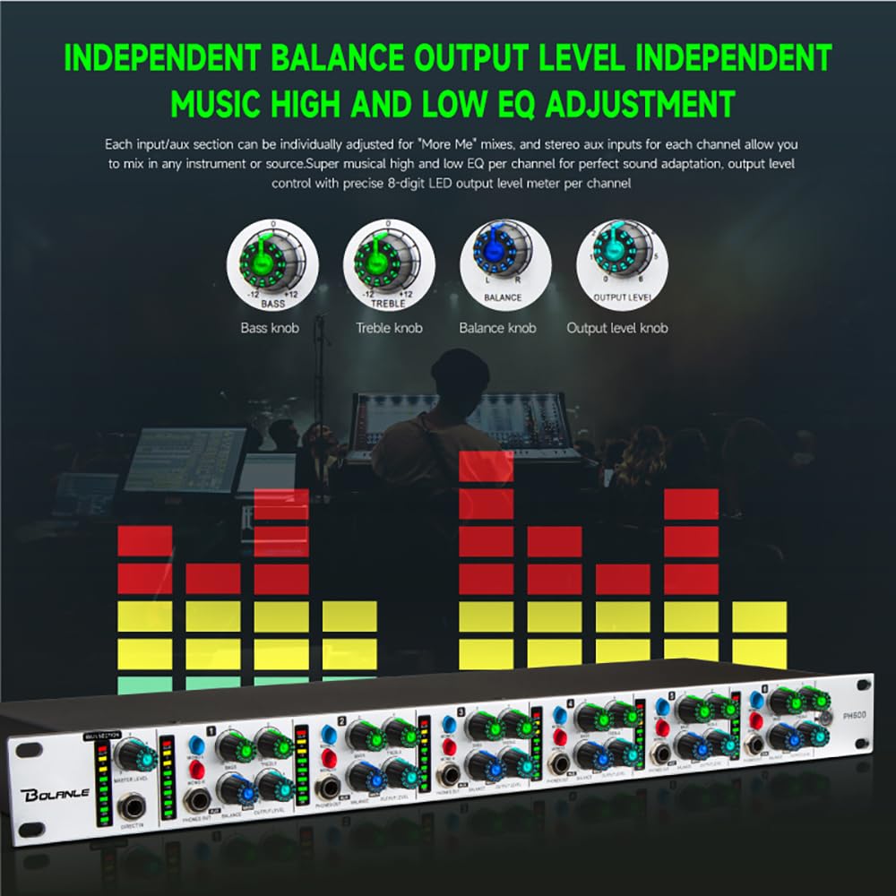 Bolanle PH6000 - Amplificatore di distribuzione e miscelazione cuffie ad alta potenza a 6 canali, jack da 3,5 mm e 6,35 mm