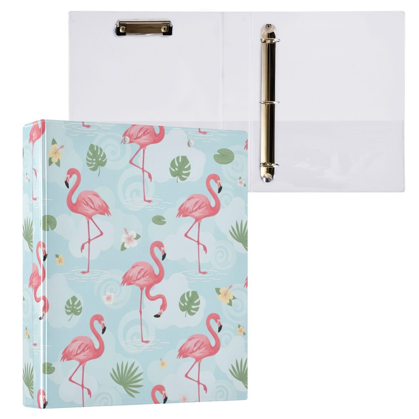 Carpeta de 3 anillos, carpeta de anillos en D azules con flamencos rosados, paquete de 2 | Con portapapeles y bolsillos, para escuela, universidad, oficina