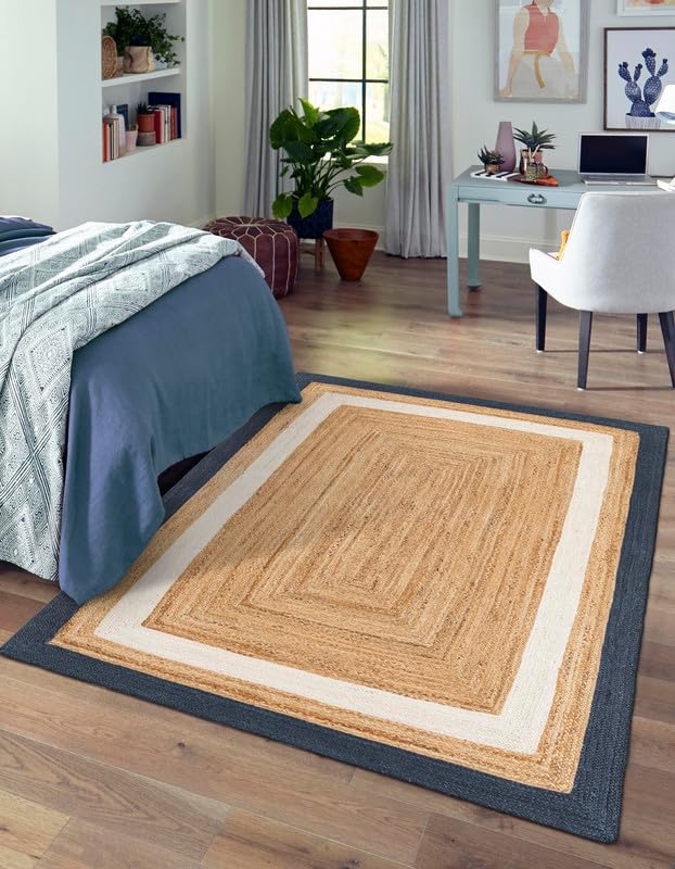 Tapis rustique en jute tressé à la main pour salon, chambre à coucher, salle à manger et entrée, beige, bleu marine et blanc, 1,5 x 2,4 m