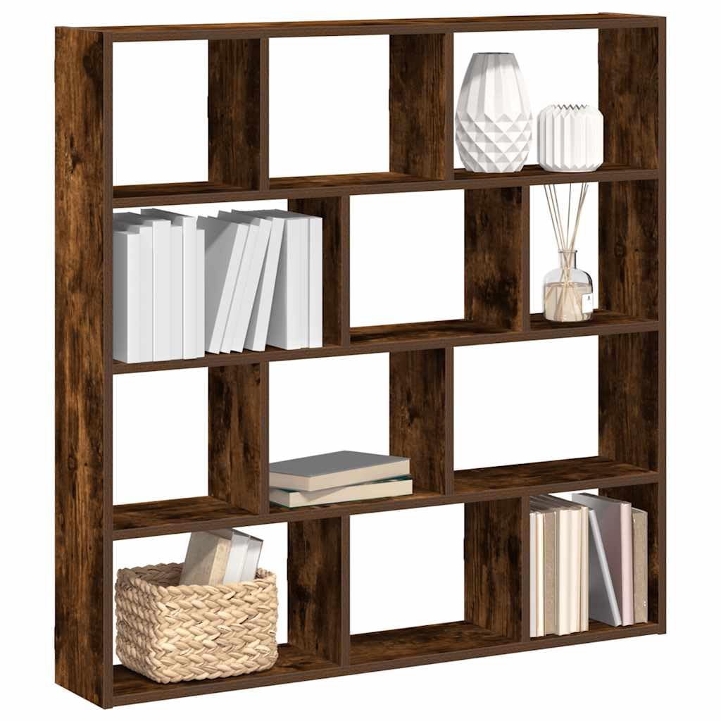 Estantería de pared en forma de cubo, roble ahumado, 12 compartimentos, 100 x 18 x 100 cm, espacio de almacenamiento versátil para salón, dormitorio