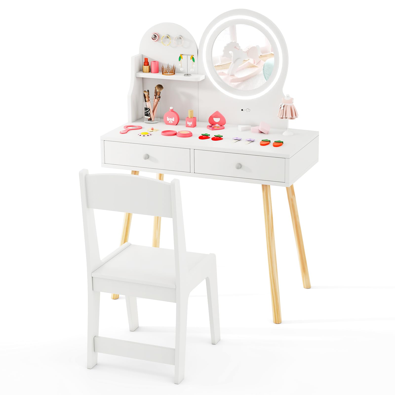 DREAMADE Schminktisch Kinder, Schminktisch aus Holz mit 2-Farbiger LED-Lichtern, Kinderschminktisch mit offener Ablage & 2 Schubladen & 3 Haken, Prinzessin Frisiertisch für Kinder ab 3 Jahren (Weiß)