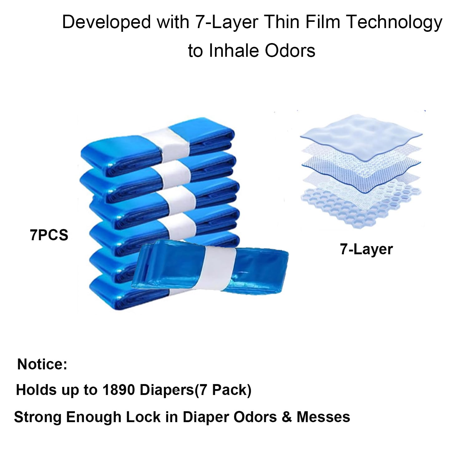 7 Pack Nappy Bin Refills Bags, Diaper Pail Refill Bags, Scented Refills Diaper Pail Disposal Sacks Holds 1890 Diapers, Compatible with Most Models of Trash Bins (7 Pack) - 3