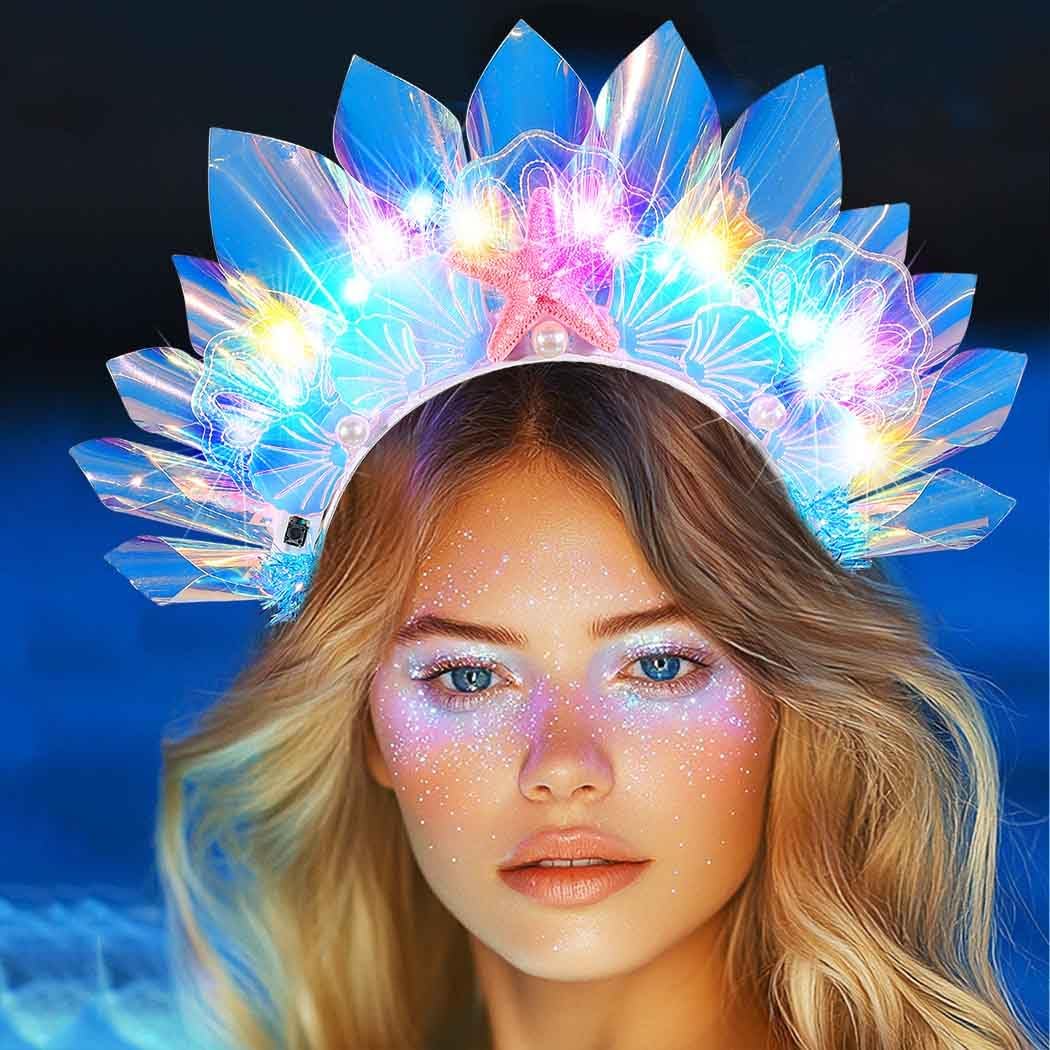 BARTOSI Light Up Mermaid Crown Headband Glow Starfish Headpiece Beach LED Hair Accessories for Women - Image 7