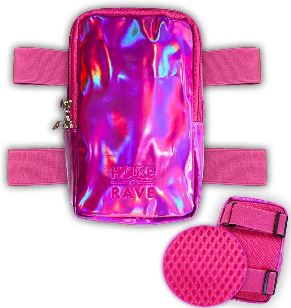 Holographic Thigh Bag No-Slip-Padded Backing - Inner Pockets & Double Zipper Carnival Thigh Bag for Women - Iridescent Leg Bag - Reflective Phone Holder (Pink)