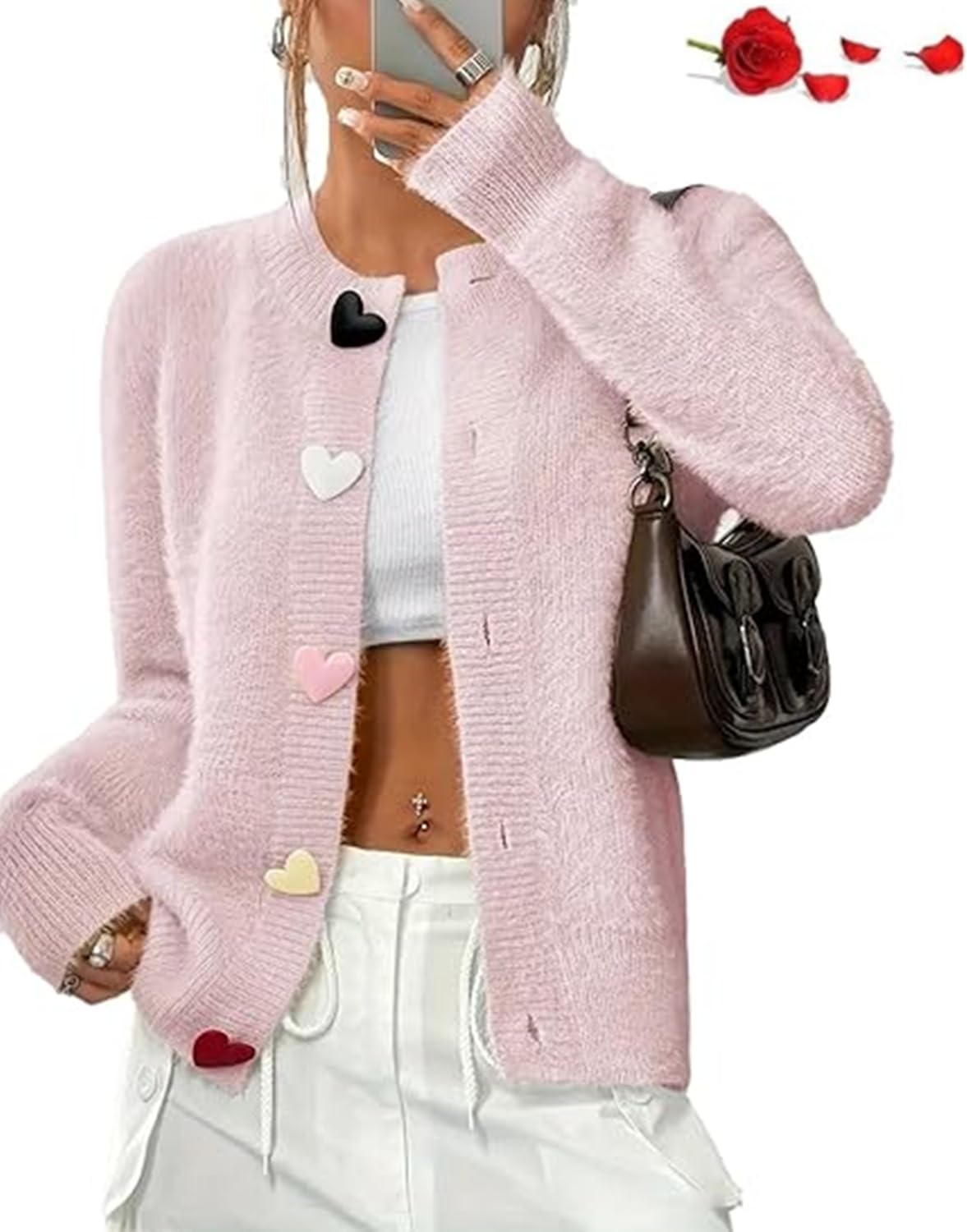 Women Heart Fuzzy Knit Cardigan Sweater Cozy Solid Cute Rainbow Heart Button Down Cardigan Sweaters Cropped