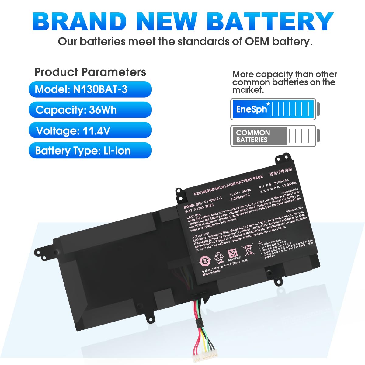 36Wh N130BAT-3 Laptop-Batería para Clevo B1301 N130BU N130WU