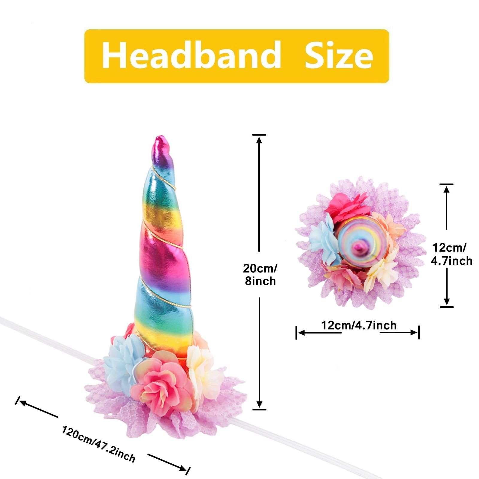 Nishine 8"x5" Long Floral Unicorn Horn Headband + 18 PCS Pony Mane Hair Tinsel for Making Your Horse a Unicorn Holloween Wedding Party Decor (Rainbow) - Image 3