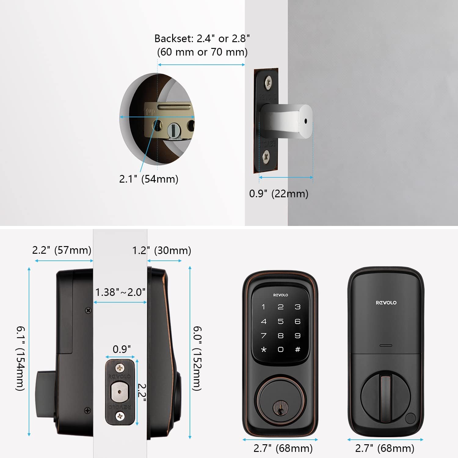 Diagram showing dimensions of Revolo lock components: exterior keypad, interior assembly, latch, and strike plate