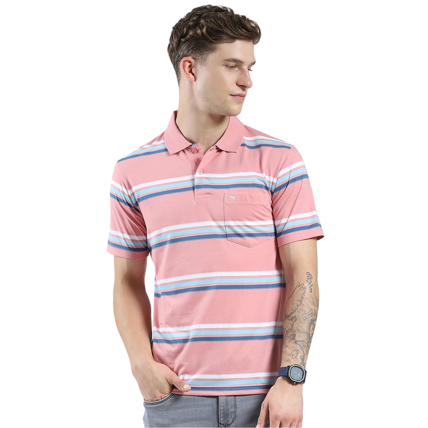 Monte Carlo Men's Regular Fit Polo T-Shirt | Striped Pattern| Half Sleeve | Collared Neck | Casual Wear T Shirt for Men's Pink S (Pack of 1)-picture-35