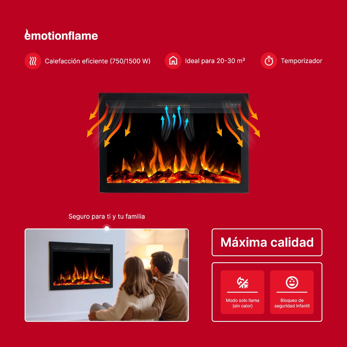 Infinity - Cartucho eléctrico para chimenea eléctrica, empotrable de alta calidad, 81 x 14 x 50 cm, chimenea LED con calefacción de 750/1500 W