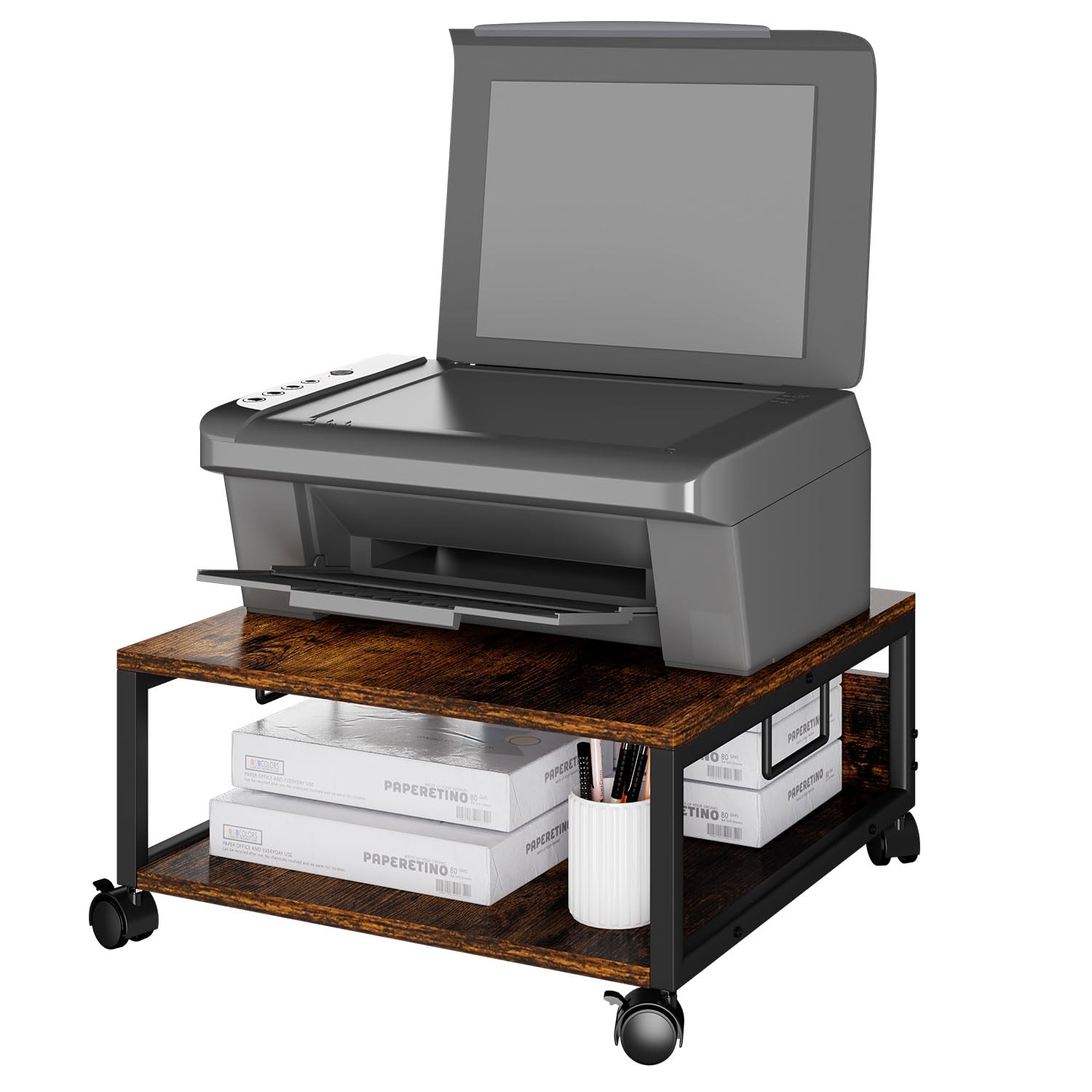 IBUYKE Soporte de impresora de escritorio de 2 niveles, mesa de impresora, organizador de escritorio multifuncional para carpetas, libros, para máquina de fax, escáner, oficina en casa TLJ008H
