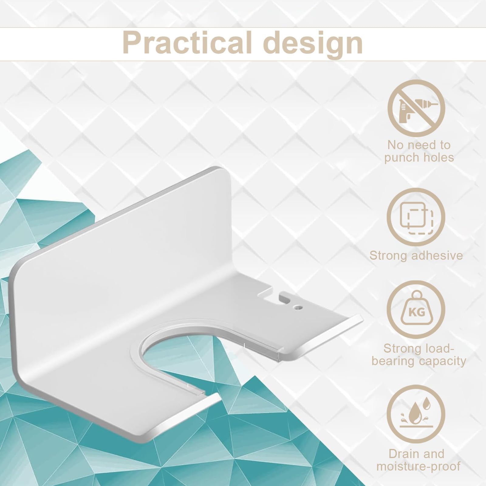 Soporte Secador de Pelo Autoadhesivo 4,8 cm Diámetro para Paredes Lisas Mármol Azulejos Blanco