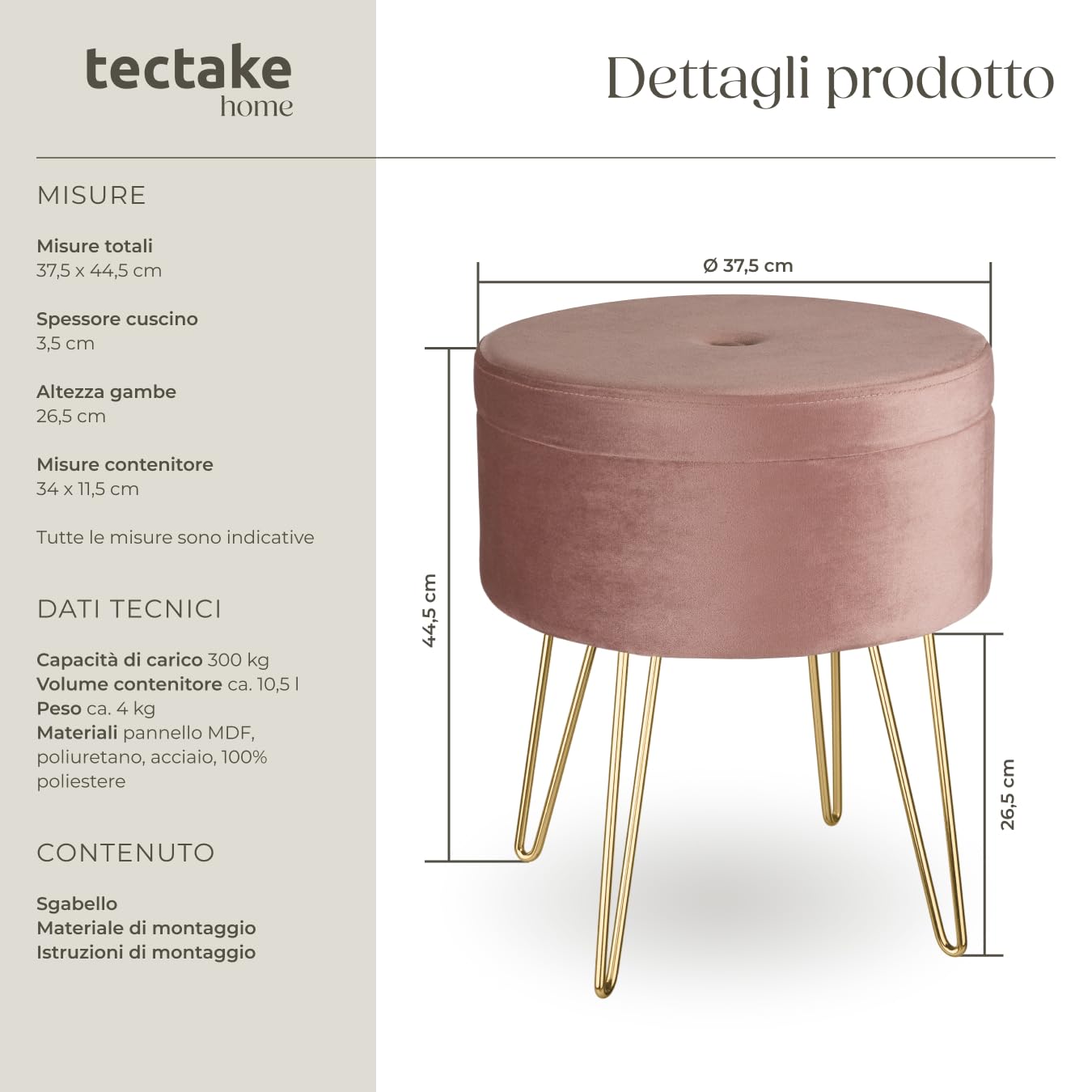 tectake® Sgabello Rotondo Vellutato, Pouf Contenitore, Effetto Velluto, Pouf Poggiapiedi, Grande Scomparto Interno, Pouf Letto, Gambe Oro Scintillanti, Capacità Massima 300 kg - Rosa