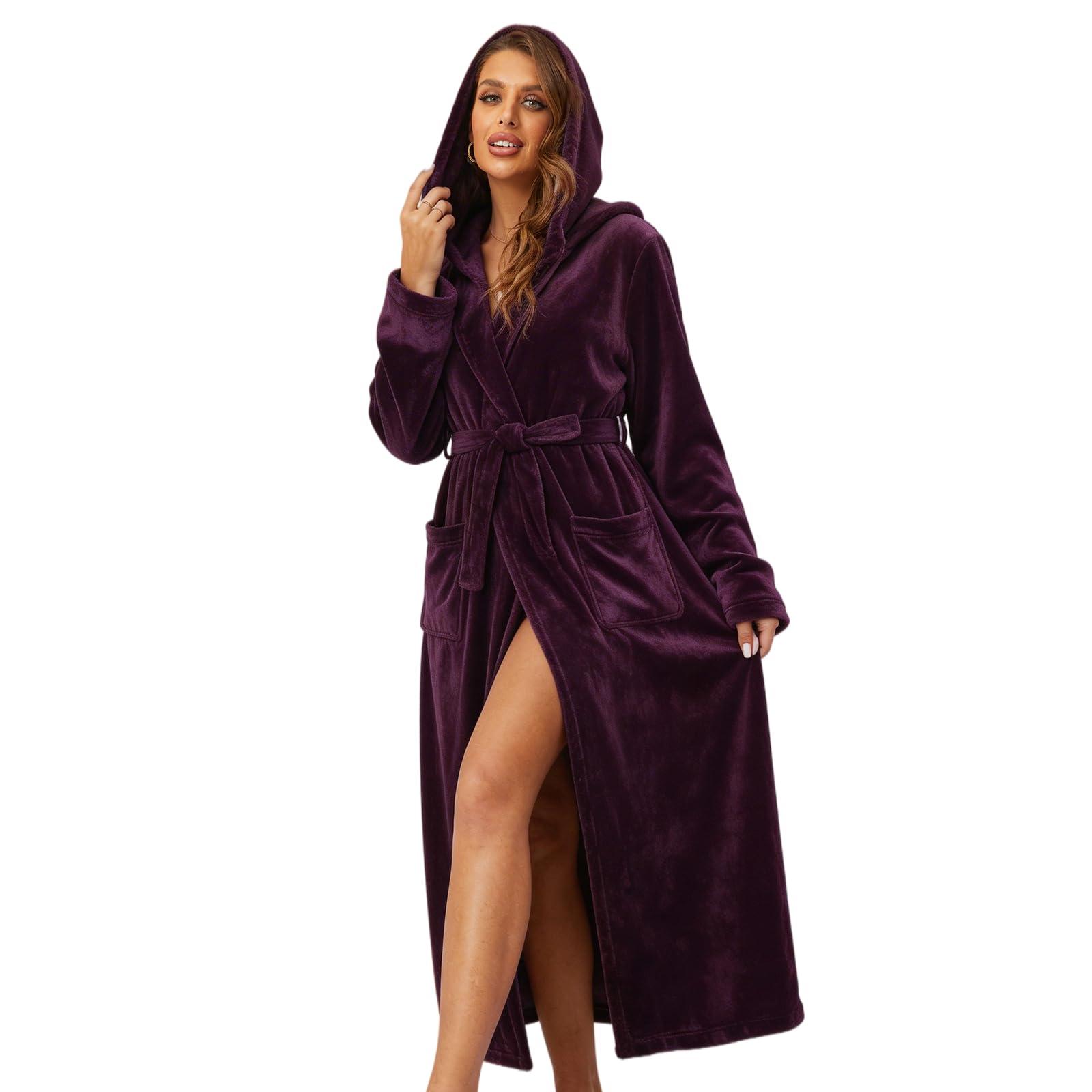 RONGTAI Womens Robes Plush Fleece Dark Purple Hooded Bathrobe Thick Nightgown with Pockets Fluffy Sleepwear XX-Large