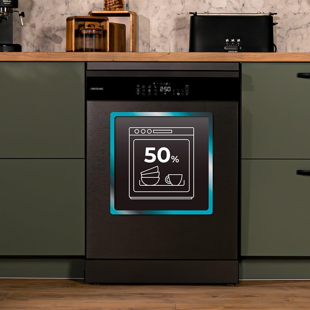 Cecotec Lavastoviglie 60 cm Bolero Aguazero 6800 Dark A, 14 posate, Basso consumo, Motore inverter plus duo, 8 programmi, Lavaggio automatico, Pulizia a vapore, Pulizia interna e mezzo carico