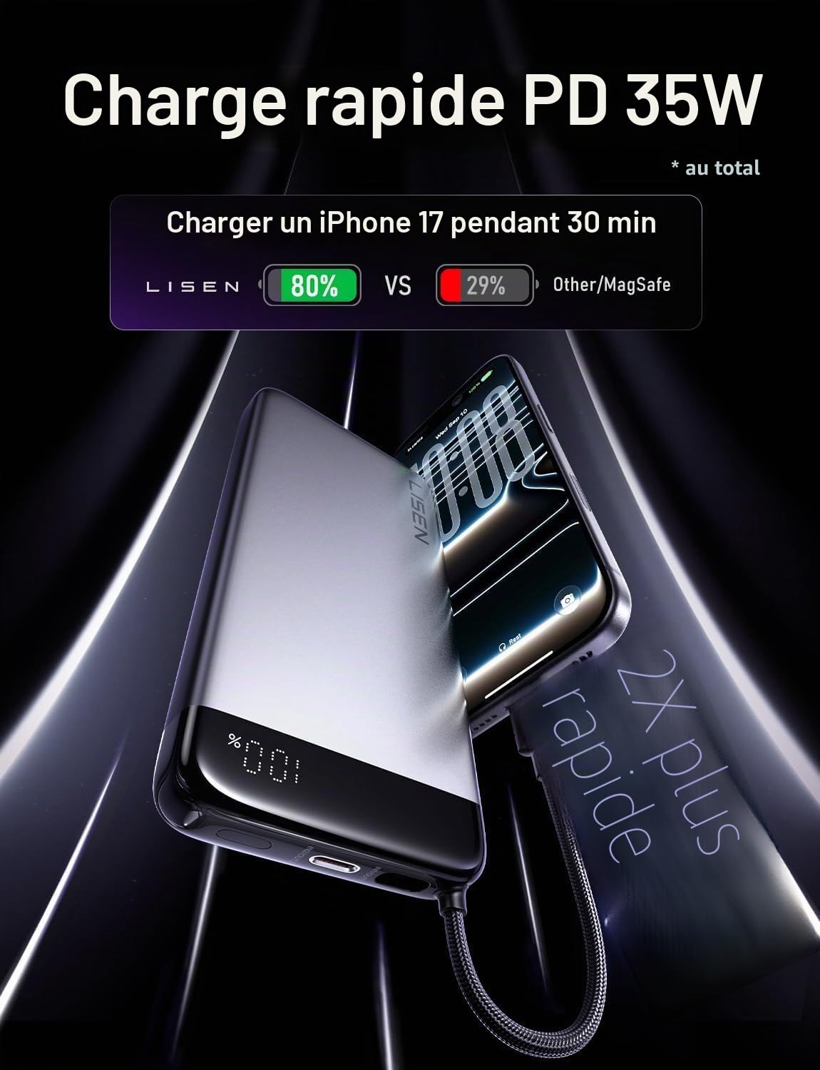 LISEN Batterie Externe CCC, Power Bank 20 000 mAh, Batterie Externe CCC Chine avec Câble Intégré, 35 W, Compatible avec iPhone 17/16, Xiaomi 17 Pro Max, Galaxy S25, Gadgets Essentiels de Voyage