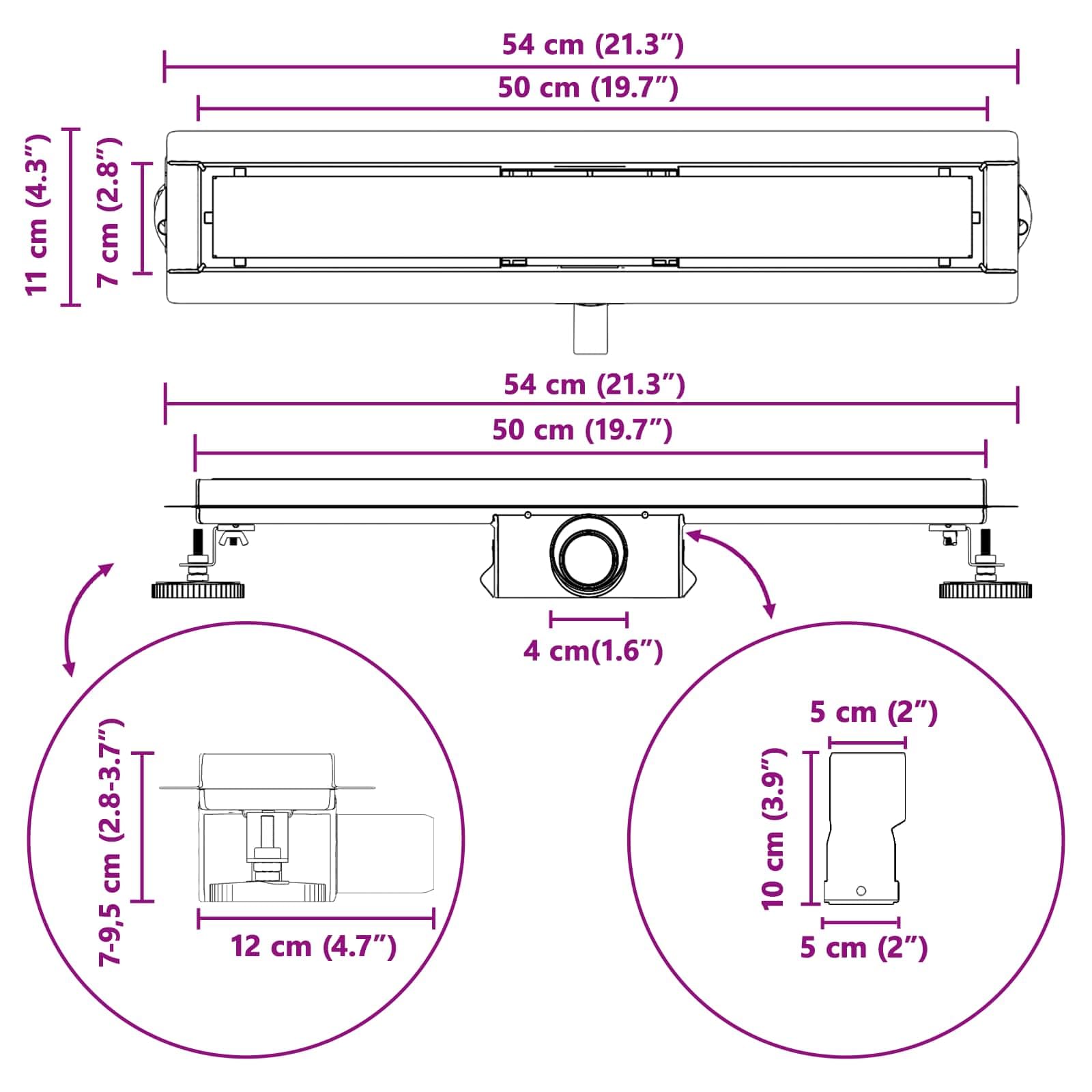 Mangloder - Desagüe de ducha 2 en 1 de acero inoxidable con altura regulable de 50 cm para baño, ducha a nivel de suelo, apto para azulejos, duradero, diseño moderno, fácil montaje, accesorios