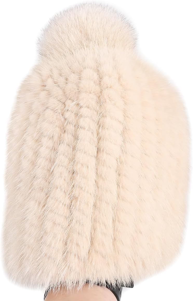 Genuine Mink Fur Knit Beanie Hat with Fox Fur Pom Pom, Luxury Winter Wear, Unisex Adult, Stretchy Elastic Fit