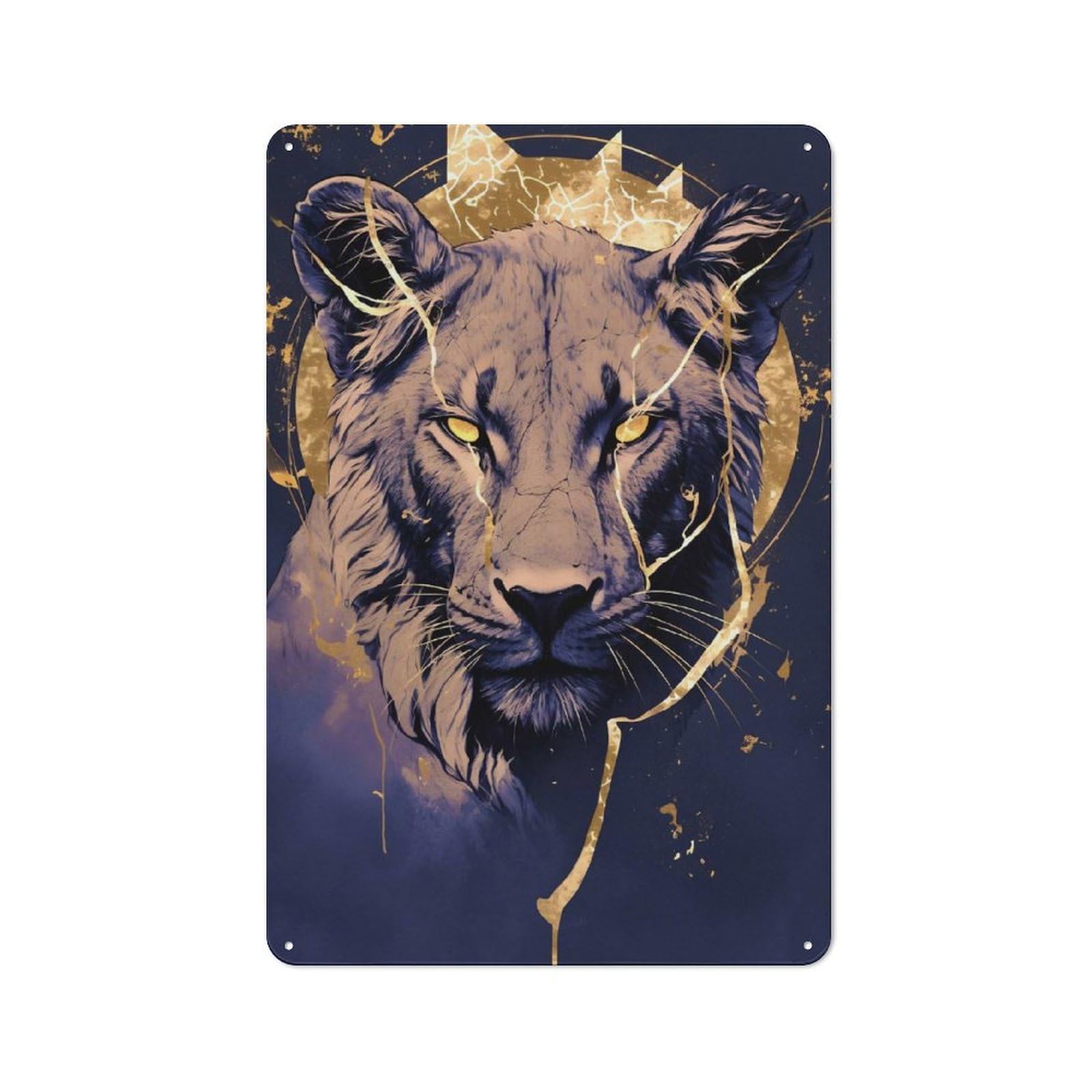 Junmoney Style-7 Lioness Portrait With Golden Accents Tin Sign 30X20cm For Home Bar Wall, Vintage Wall Decor, For Garage, Workshop And Man Cave Decoration