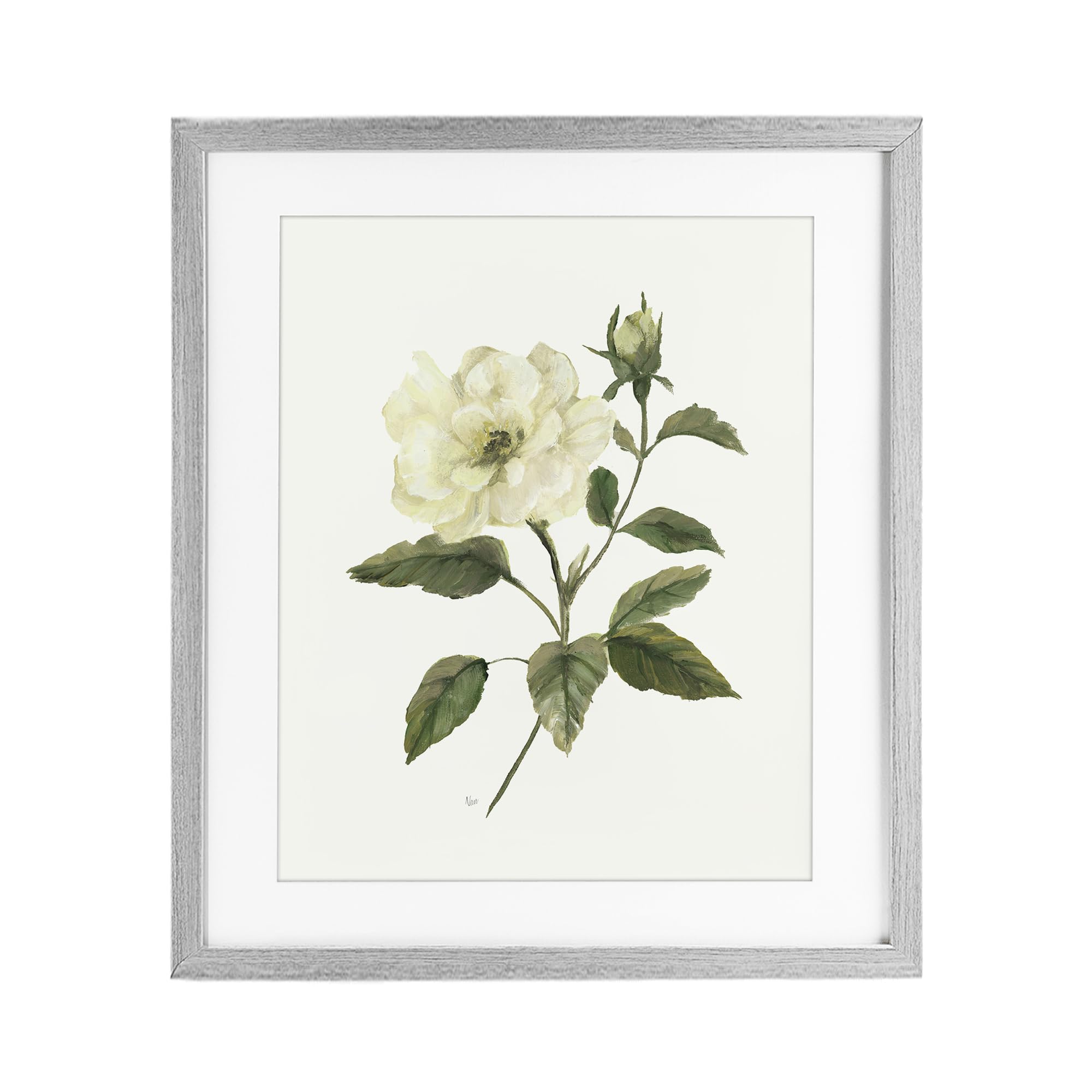 Stupell Industries 'Ivory Rose Bloom With Green Foliage', Framed Print Under Glass, Gray, 13 x 16 Inches, Easy to Hang and Sturdy, Made in USA, by Nan