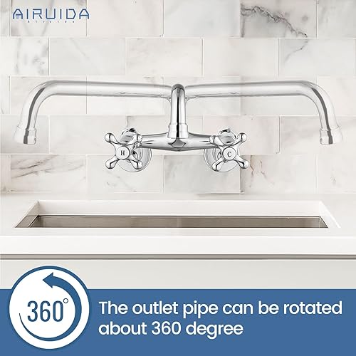 Miniatura 7 de Airuida Grifo de cocina de montaje en pared cromado de 8 pulgadas, alcance central ajustable, asas cruzadas dobles de 3 a 8.7 pulgadas, grifo