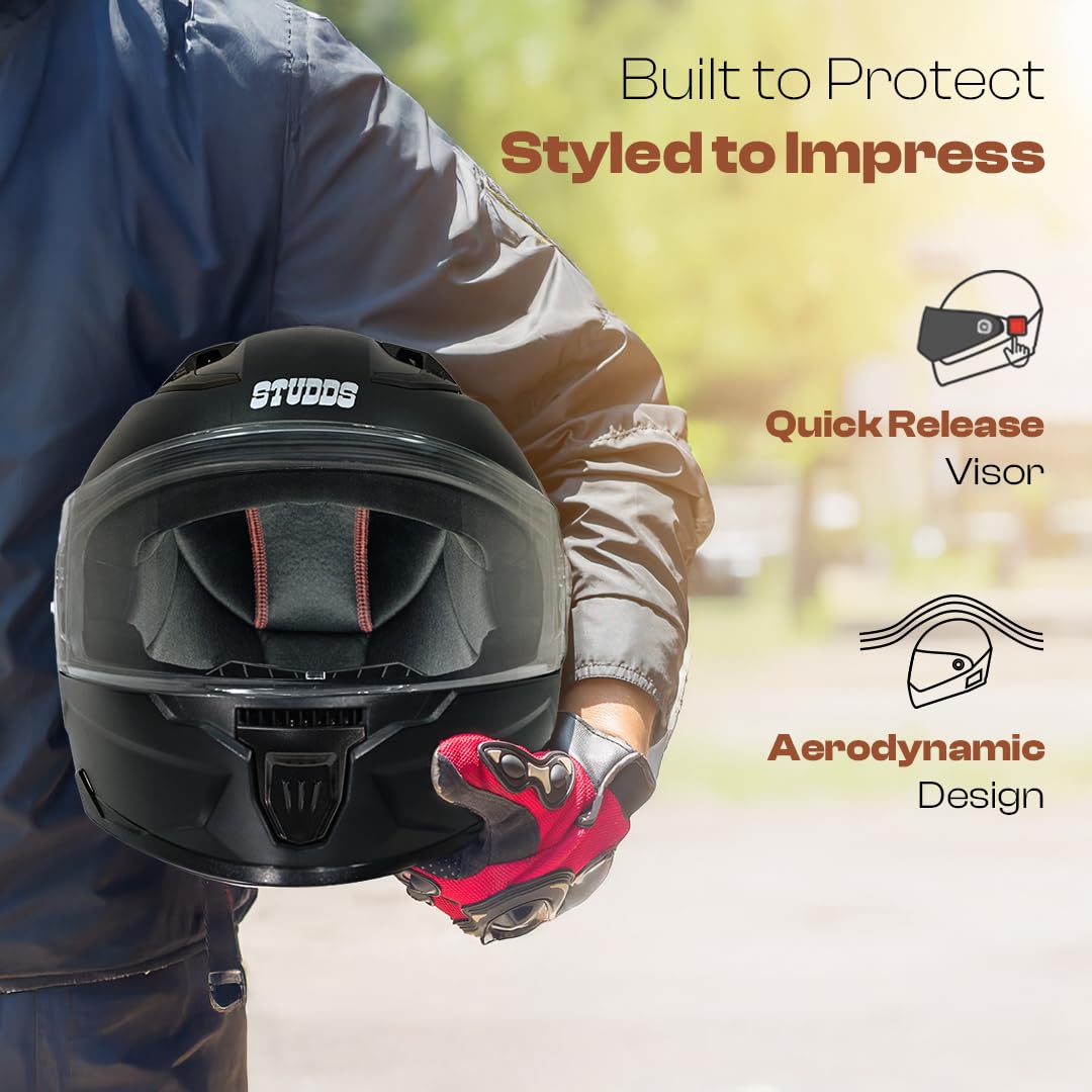 Studds Raider ISI Certified Full Face Motorcycling Helmet for Men and Women with Spoiler and Clear Visor (Black - XL) 1