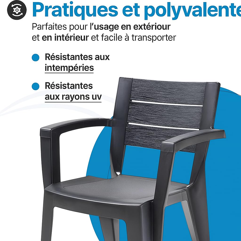 Tomaino - Lot de 6 chaises de jardin en plastique maya - empilables avec accoudoirs et dossier à lattes - Chaise de jardin pour extérieur, terrasse ou bar - Noir