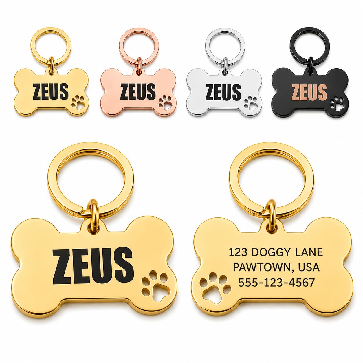 Personalised Dog Bone Keyring, Engraved Pet ID Tag with Name Address Phone Number, Custom Dog Collar Tag, Paw Print Bone Keychain for Dogs, Cats & Pet Owners