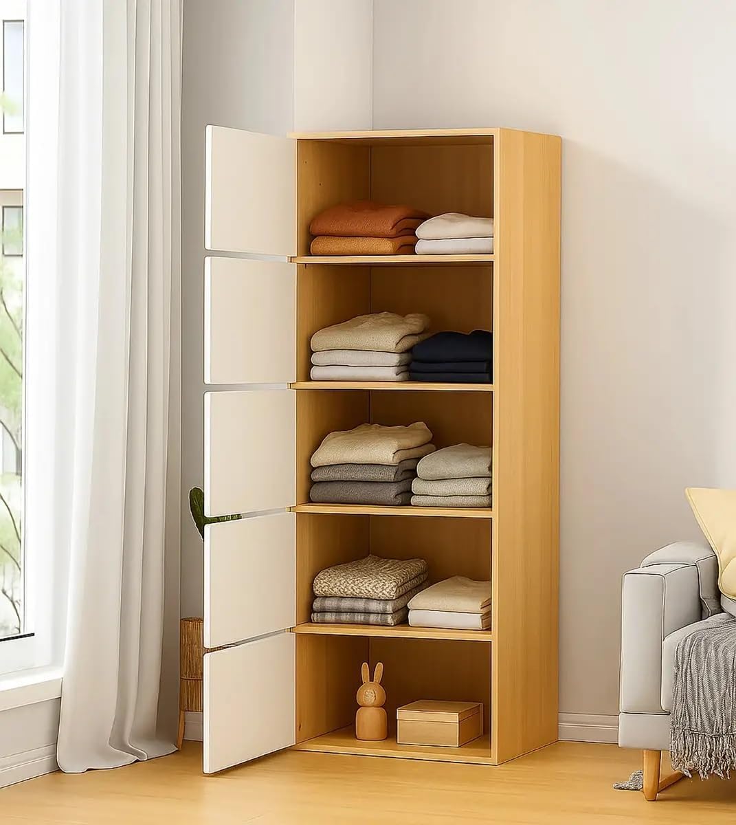 EXVITO Engineered Wood Wardrobe for Bedroom | Foldable 5-Shelf Wooden Storage Cabinet | Cupboard Almirah for Clothes | Collapsible Wardrobe | Digital Heavy PC Game Cabinet - Maple