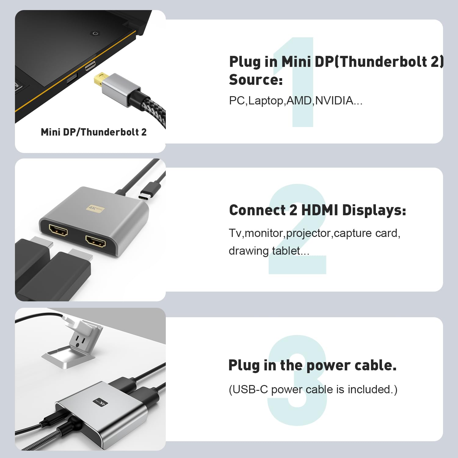 UANTIN Adaptateur Mini DisplayPort vers double HDMI, 4K 60 Hz compatible Thunderbolt 2