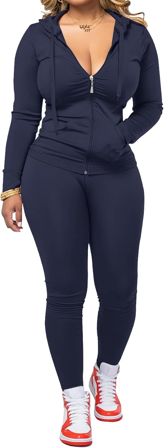 AUXDIO Women 2 Piece Outfits Casual Workout Sets Bodycon Tracksuit Zip Up Long Sleeve Hoodle Jacket Jogger Pants Set Navy Blue Large