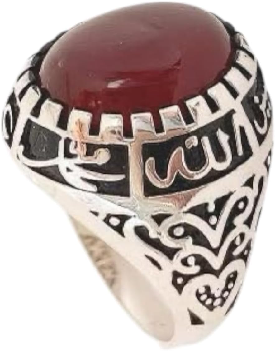Shia Ring – 925 Sterling Silver Panjtan Ring with Red Yemeni Aqeeq Stone, Ahlulbayt Ali Hasan Hussein Fatemeh, Unisex Islamic Jewelry