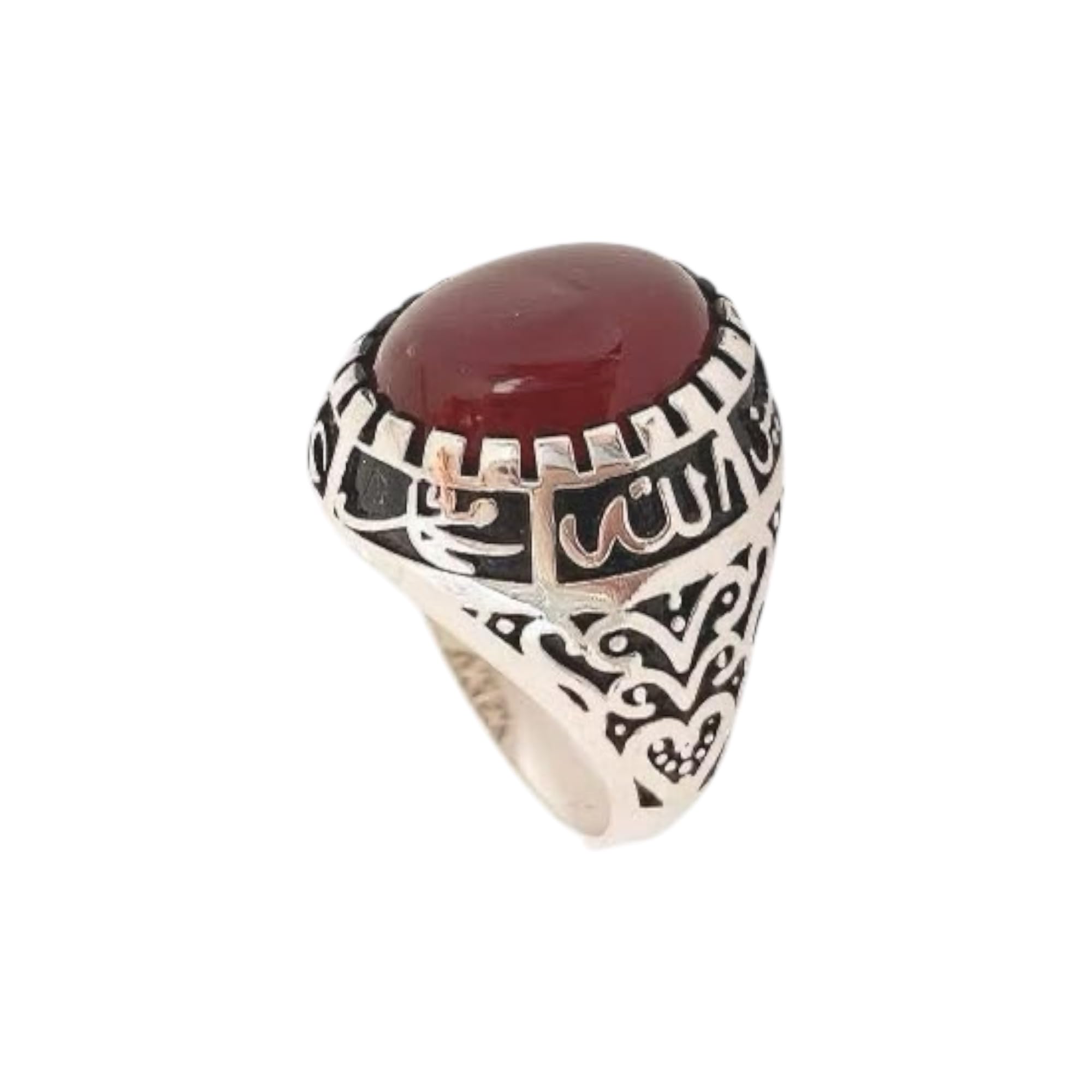 Shia Ring – 925 Sterling Silver Panjtan Ring with Red Yemeni Aqeeq Stone, Ahlulbayt Ali Hasan Hussein Fatemeh, Unisex Islamic Jewelry