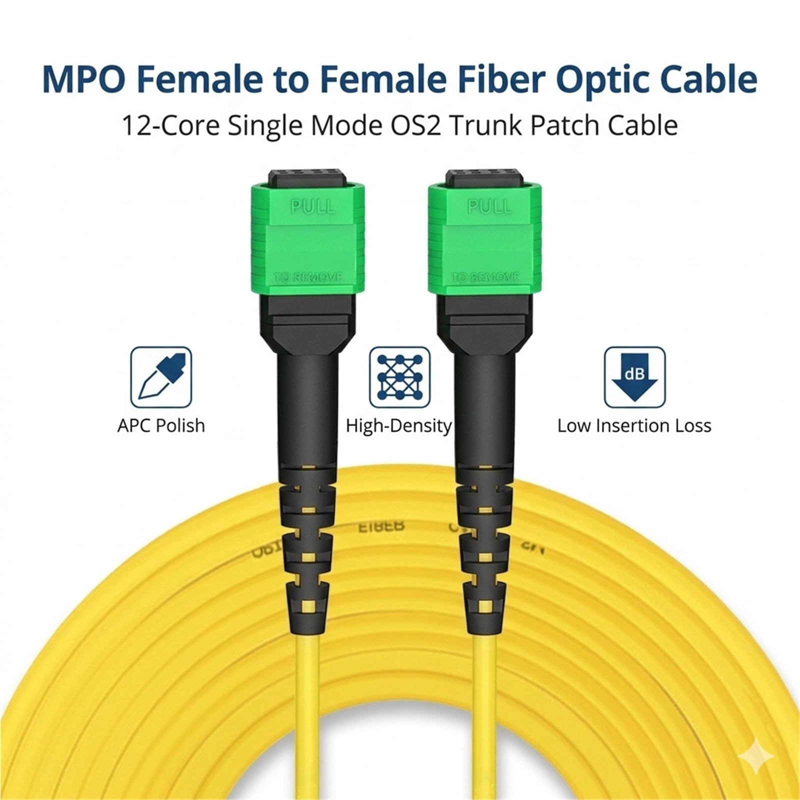 Conector hembra estándar MTP de 12 fibras a conjunto de cable personalizado de 9/125 µm, microdistribución OS2 monomodo, clasificación plenum amarilla(5m)