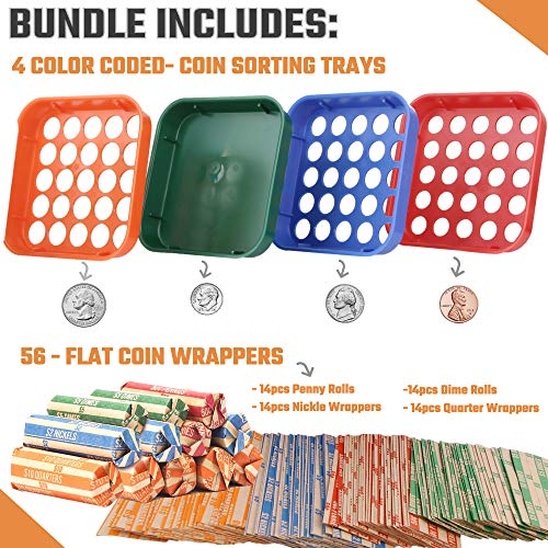 Coin Sorters Tray & Coin Counters – 4 Color-Coded Coin Sorting Tray Bundled With 56 Assorted Flat Coin Roll Wrappers For Us Coins #TOP2