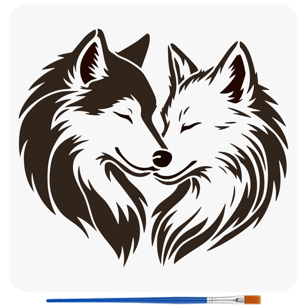 FINGERINSPIRE Wolf Couple Stencils with a Brush 30x30cm Wolf Lover Painting Stencils Reusable Wolves Hearts PET Stencil Wild Animal Theme Decoration Template for Wood Wall Floor Furniture Tiles