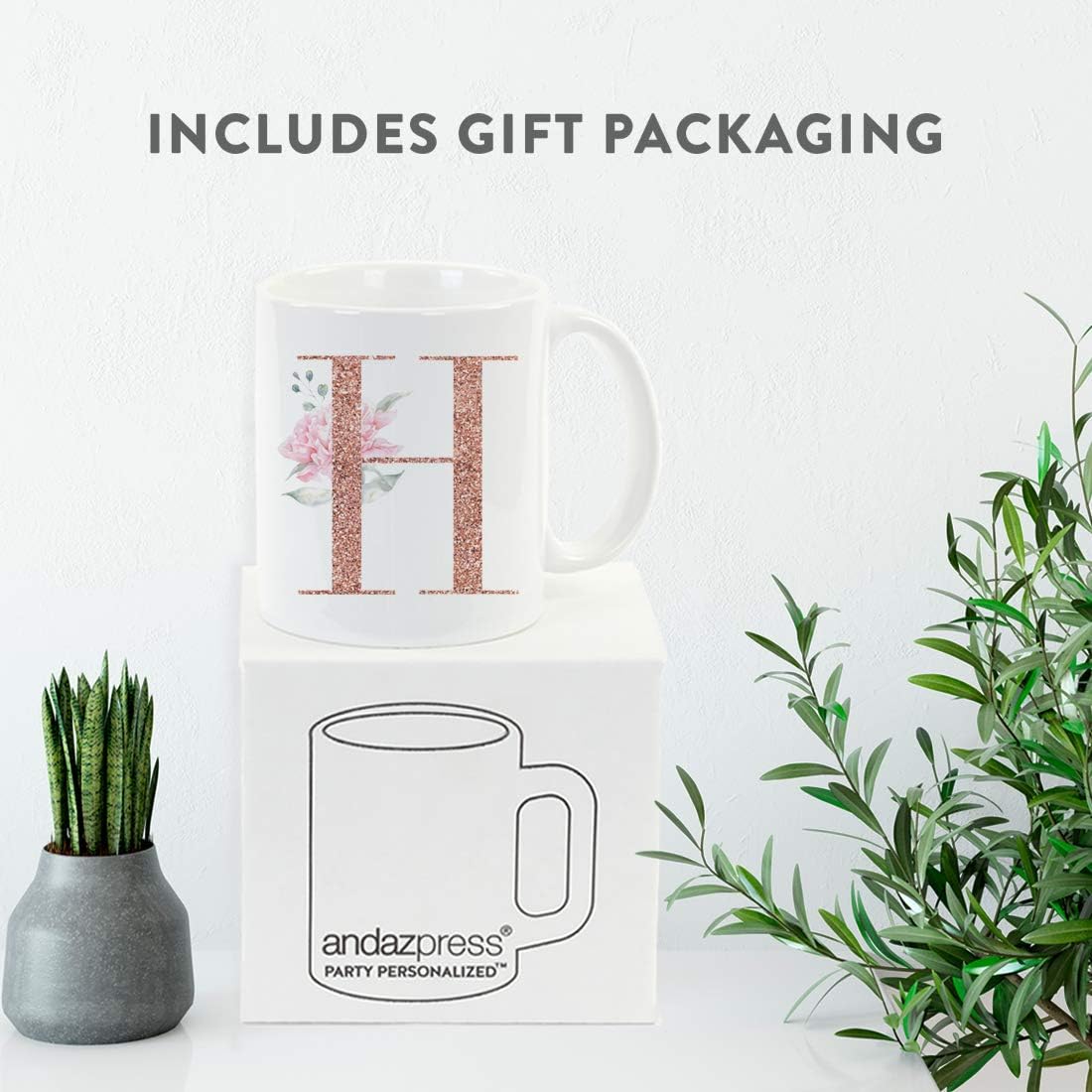 Andaz Press 11oz. Coffee Mug Gift, Pink Watercolor Roses with Faux Rose Gold Glitter Monogram Letter H, 1-Pack, Includes Gift Box, Christmas Birthday Mother's Day Graduation Coworker Present Ideas