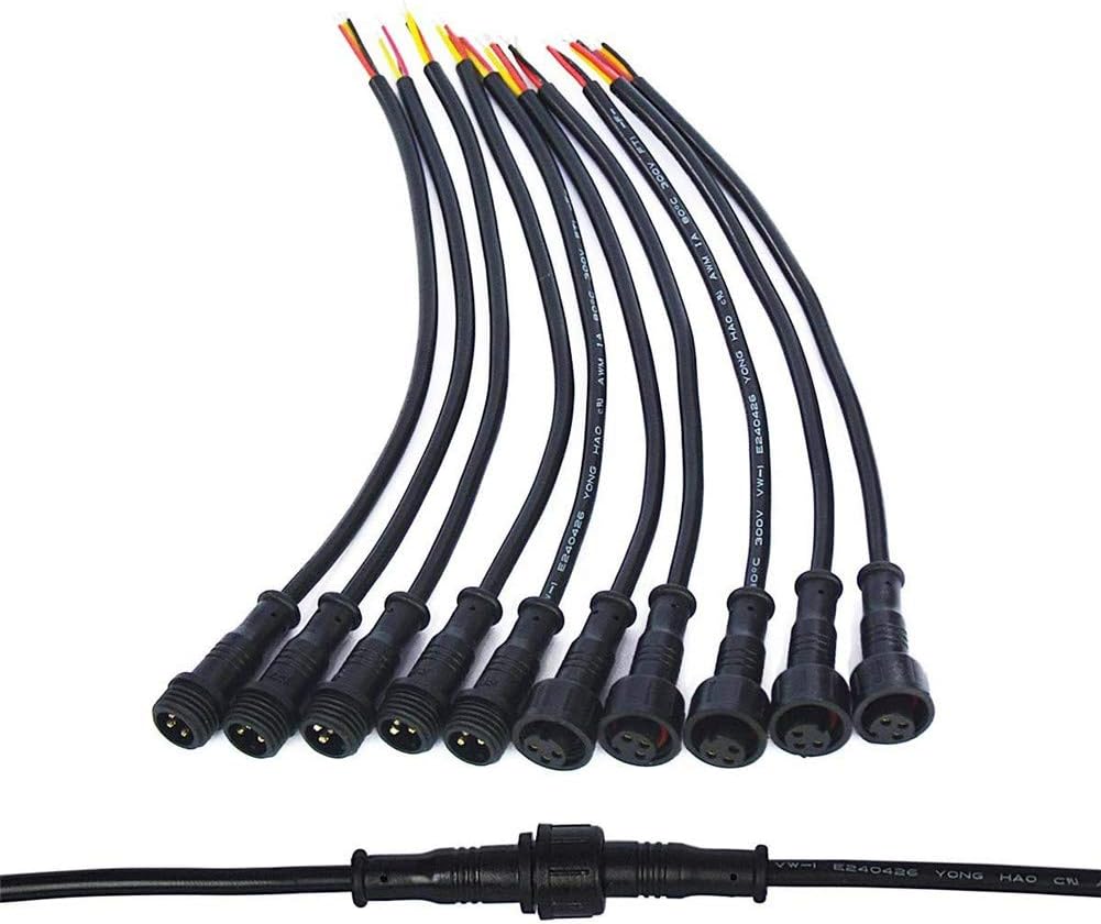 5Pairs 3 Core 3pin Black Pigtail Plastics Waterproof IP65 LED Connector Male Female 40cm/Pair Applicable 0.3mm² 15mm Nut for LED Lights