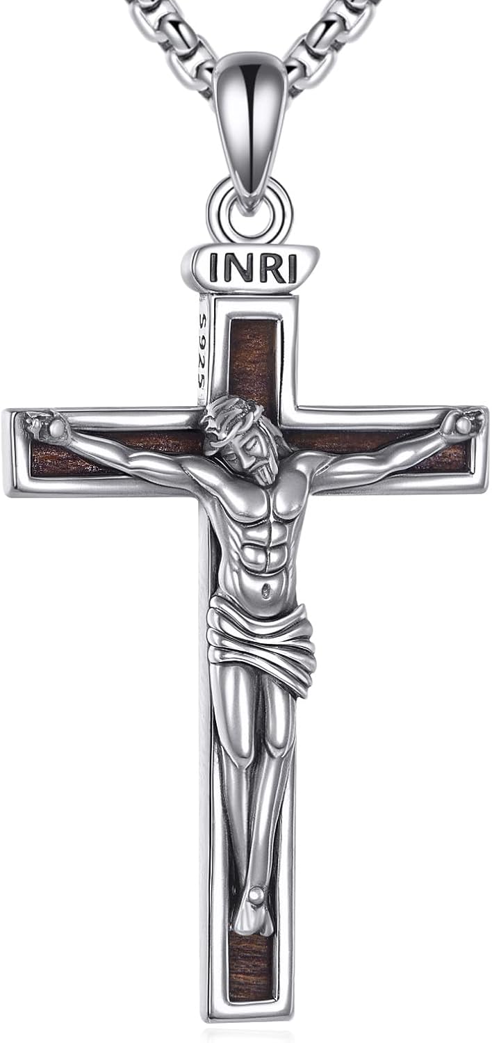 YFN Crucifix Cross Necklace Sterling Silver Wood Crucifix Cross Pendant Necklace Wooden Christian Jewelry for Women Catholic Gifts for Women