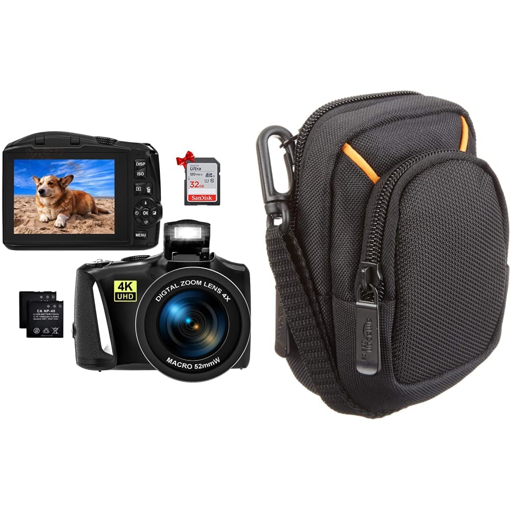 Digital Camera Full HD 4K Video Camera 48MP Compact Camera 16x Digital Zoom and 3.2 Inch Screen Vlogging Camera for Photography Beginners & Amazon Basics Camera bag for compact cameras, medium size