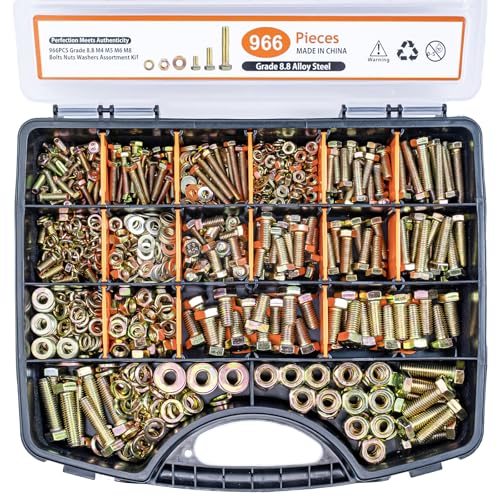 966PCS Nuts and Bolts kit– High-Strength M4 M5 M6 M8 Grade 8.8 Metric Bolts & Nuts Set with Organized Storage Case, 12-30mm