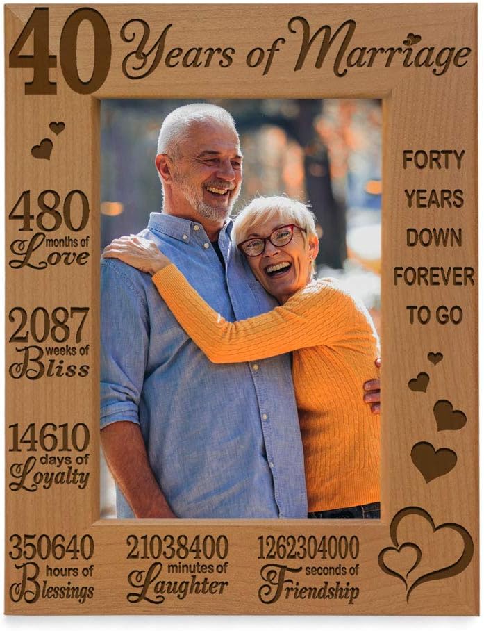 KATE POSH 40 Years of Marriage Engraved Natural Wood Picture Frame, 40 Years Together as Husband and Wife, 40 Years Down Forever to Go, 40th Anniversary (5x7 Vertical)