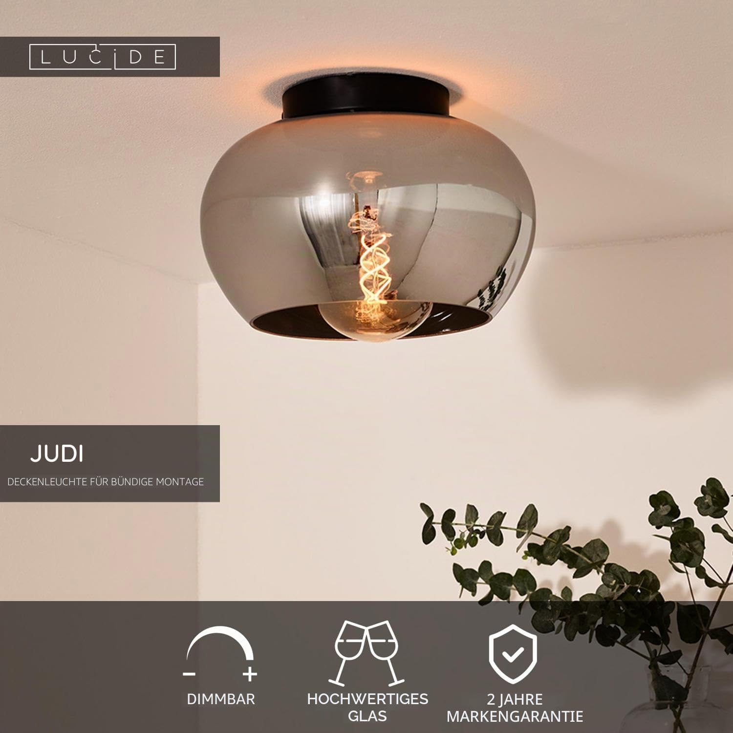 LUCIDE JUDI - Deckenleuchte - Ø 30,5 cm - 1xE27 - Rauchfarbe Grau