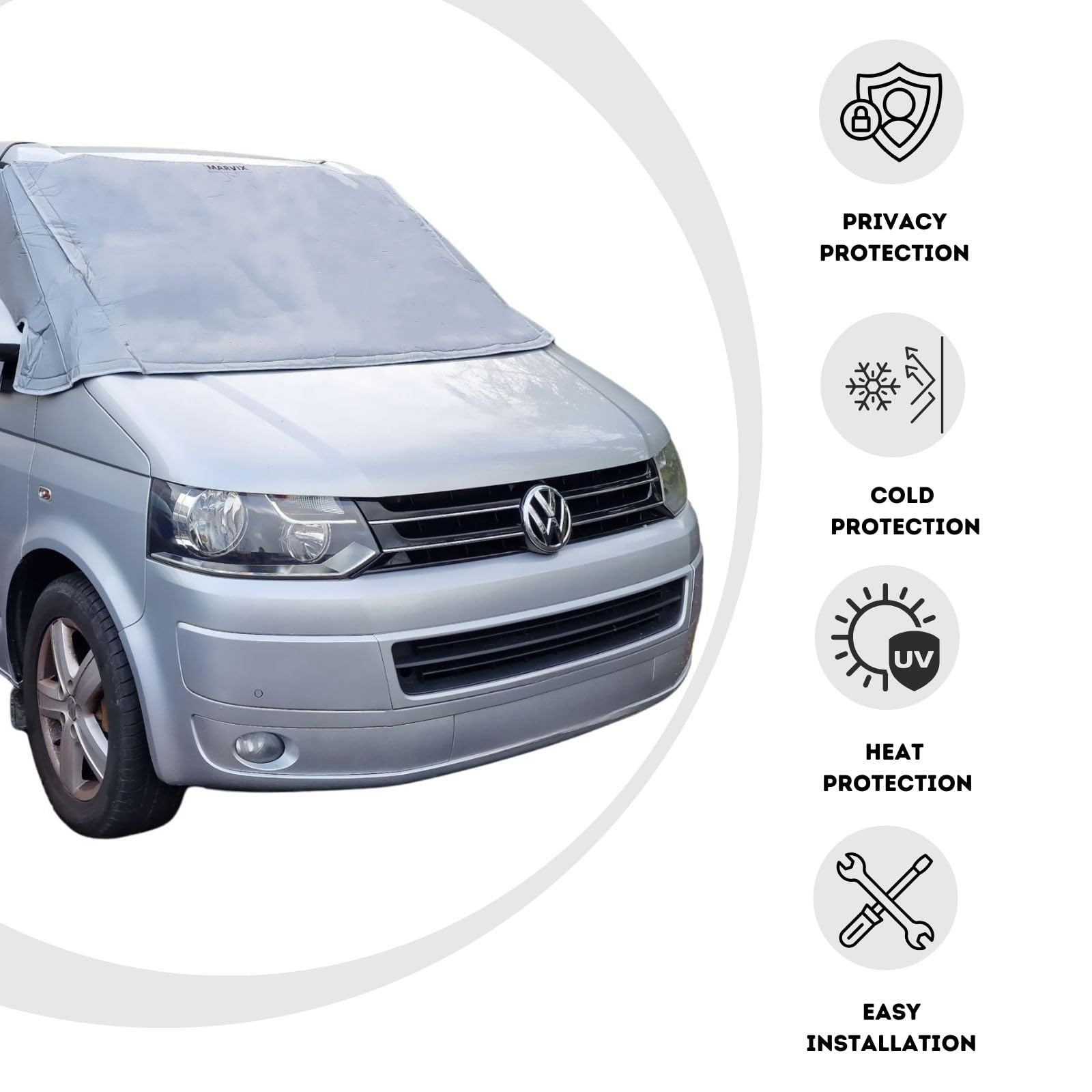 MARVIX VW T5 T6 Copertura Termica Esterna Argentata per Parabrezza Premium Multistrato Van Schermo Nero per Cabina Trasportatore Campervan