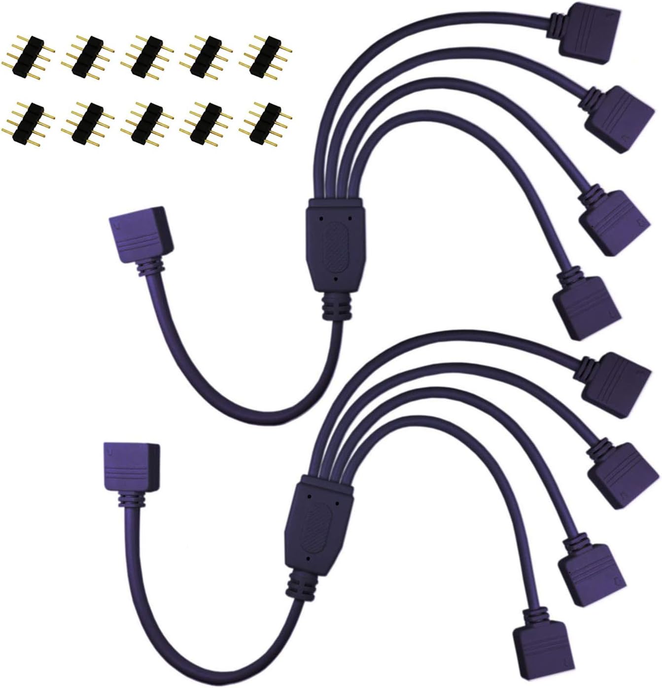 RGBZONE 2 Pack Black 4 Pins LED Splitter Cable Strip Connector 4 Way Y Splitter for 1 to 4 RGB 5050 3528 LED Light Strips with 10x Male 4 Pin Plugs (11.8in/30cm)