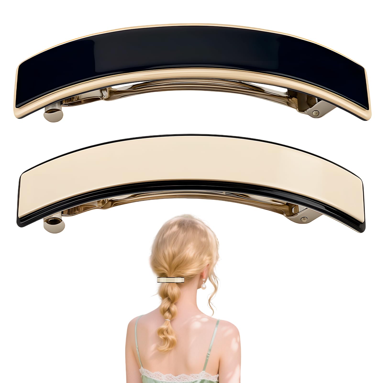 2 Barrettes Cheveux Femme Grande, Élégante Pince À Cheveux Française, Design Rectangulaire, Clip Automatique en 2 Couleurs, Accessoire Pour Cheveux Épais, Queue De Cheval Et Chignons