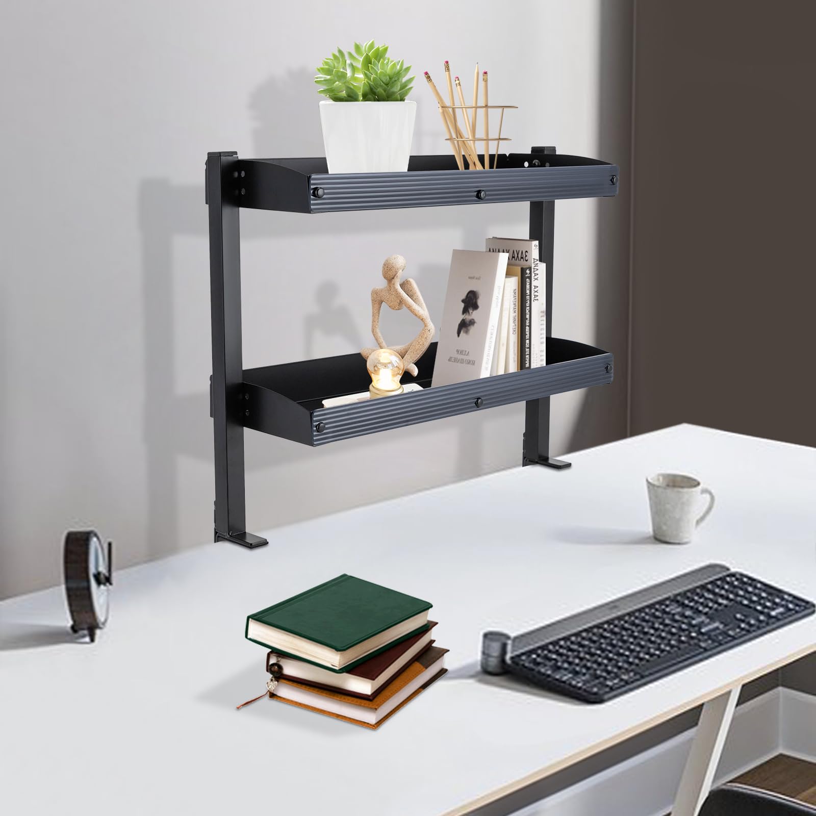 Scaffale da scrivania con morsetto, scaffale a 2 livelli con ripiano regolabile per ufficio, camera da letto, soggiorno (nero)