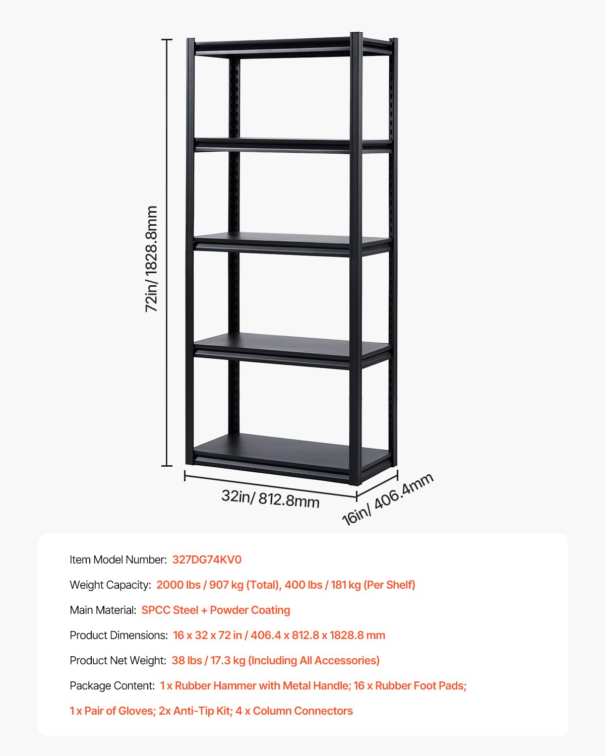 VEVOR Estantes de Almacenamiento de 5 Niveles de 406,4 x 812,8 x 1828,8 mm Capacidad de Carga Total de 907 kg, Estantes de Metal Ajustables para Garaje, Cocina, Almacén, Sótano, Trastero, Negro