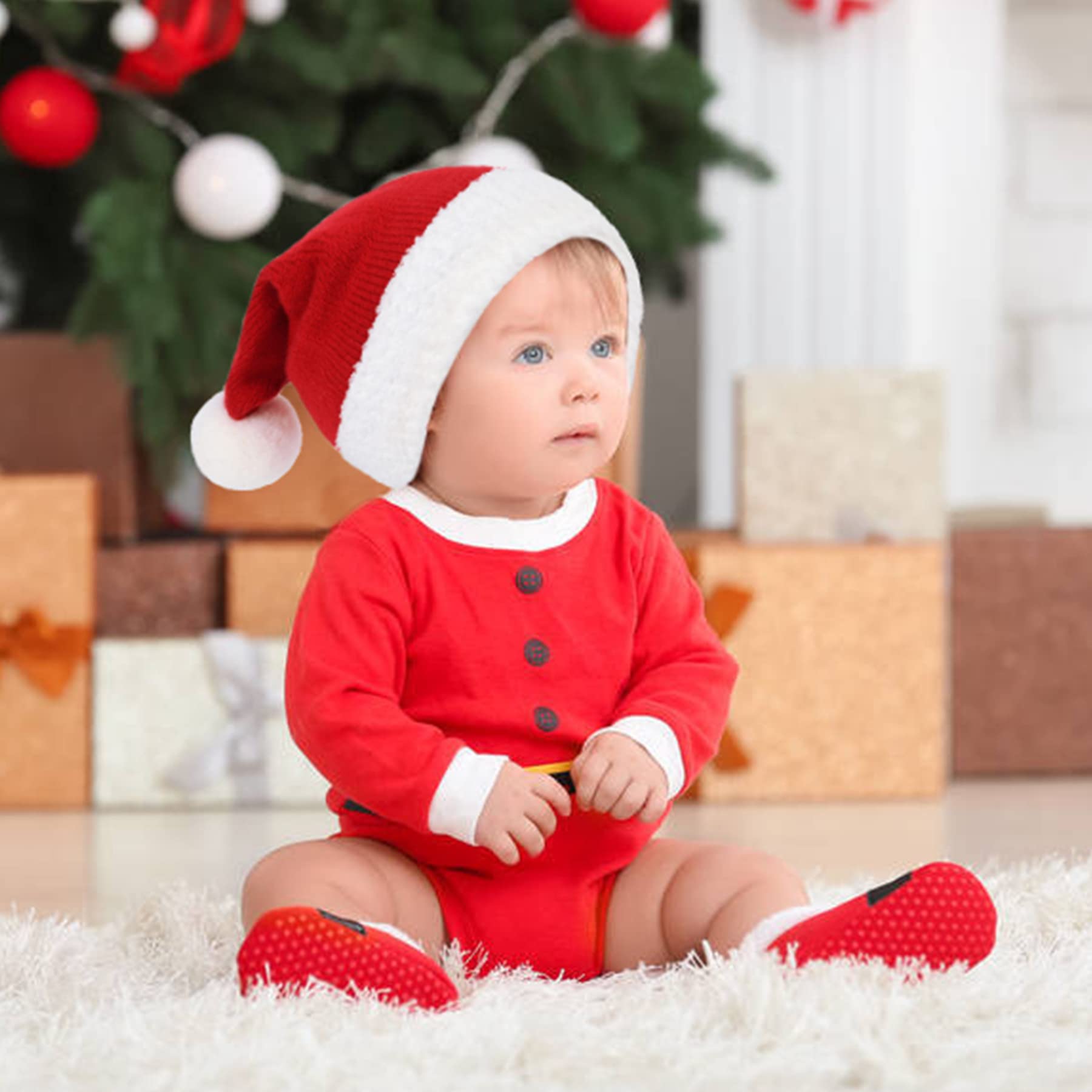Zando Cappello da Babbo Natale unisex in cotone caldo per bambini, cappello di Natale con piccolo cappello di Babbo Natale cappello invernale rosso Beanie