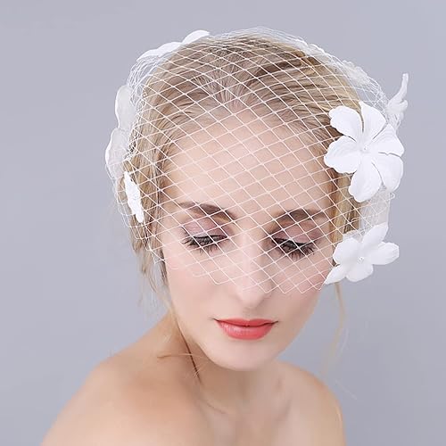 Miniatura 6 de Beaupretty Velo de malla para novia con flores, tocado de gasa para boda, velo corto, red de pelo de novia, tocado decorativo para fiesta de té,